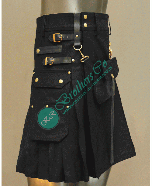Latest Design Black Celtic leather kilt with leather sporran